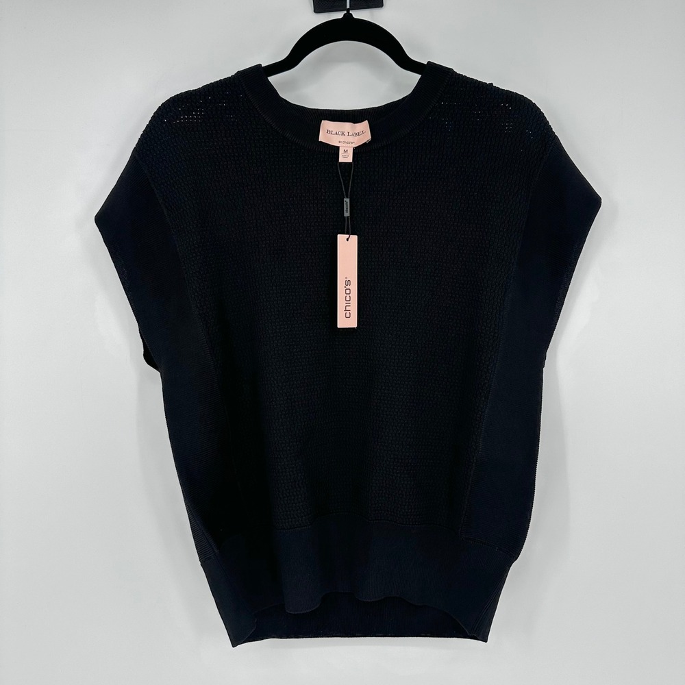 NEW Chico's Black Label Black Knit Paneled Sweater Top Chic Minimalist Fall M